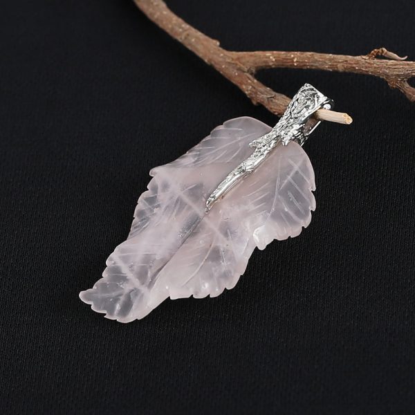 New Natural Rose Quartz Handcarved Leaf Pendant,925 Sterling Silver Pinch Bail,59x32x7mm,11.2g Online Sale