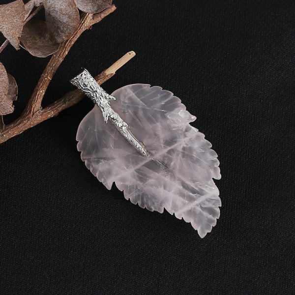 New Natural Rose Quartz Handcarved Leaf Pendant,925 Sterling Silver Pinch Bail,59x32x7mm,11.2g Online Sale