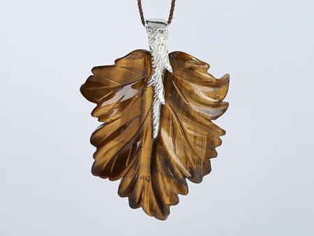 New Natural Tiger-Eye Handcarved Leaf Pendant,925 Sterling Silver Pinch Bail,52x37x7mm,11g Supply