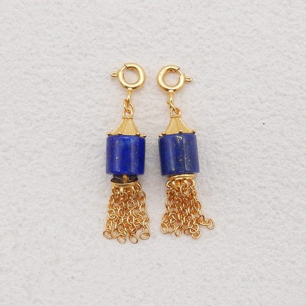 BITEFU 1 Pair Silver Gold Plated Natural High Quality Lapis Lazuli Cylindrical Tassel Gemstone Earring Beads 3g Fashion