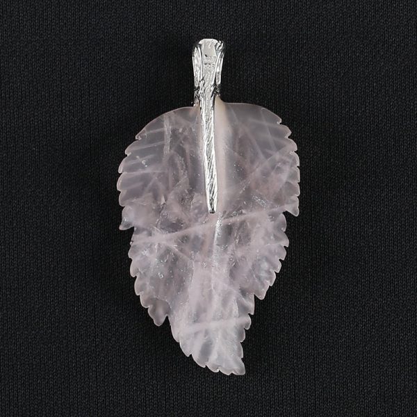 New Natural Rose Quartz Handcarved Leaf Pendant,925 Sterling Silver Pinch Bail,59x32x7mm,11.2g Online Sale