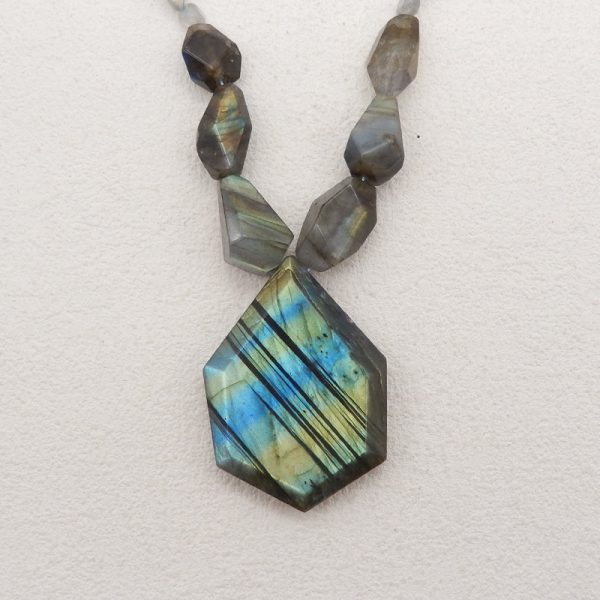 Natural Labradorite Faceted Pendant Gemstone Necklaces, Labradorite Gemstone Necklaces,50x36x10mm,6x5x4mm,20 Inch,58g For Discount