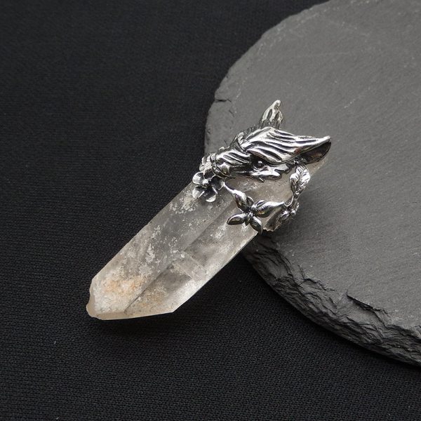 New! Natural Crystal Gemstone 925 Sterling Silver Wolf Head Pendant, Wolf Head Jewelry, 52x20x20mm, 22g Discount