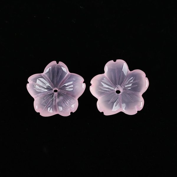 BITEFU 1 Pair Carved Natural Gemstone Pink Chalcedony Flower Earring Beads, Carved Flower Pair, 3.1g Supply