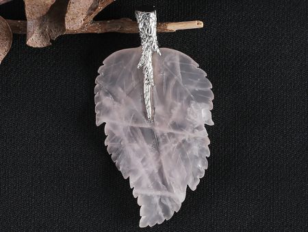 New Natural Rose Quartz Handcarved Leaf Pendant,925 Sterling Silver Pinch Bail,59x32x7mm,11.2g Online Sale