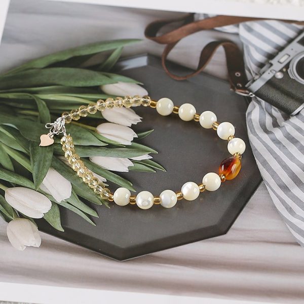 1 Strand Natural 4mm Yellow Quartz And 6mm Shell  Beads Bracelet,17-19cm,4×3mm,6mm,9×6mm,5.8g Fashion