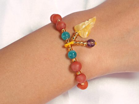 Natural 7mm Frosted Straw Berry Quartz And Amber Leaf Beaded Elastic Bracelet, 10.8g on Sale