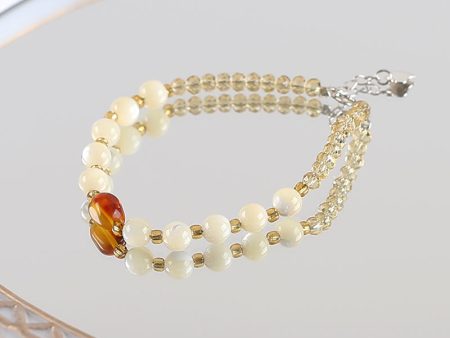 1 Strand Natural 4mm Yellow Quartz And 6mm Shell  Beads Bracelet,17-19cm,4×3mm,6mm,9×6mm,5.8g Fashion