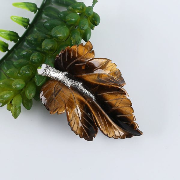 New Natural Tiger-Eye Handcarved Leaf Pendant,925 Sterling Silver Pinch Bail,59x39x7mm,20.7g Fashion