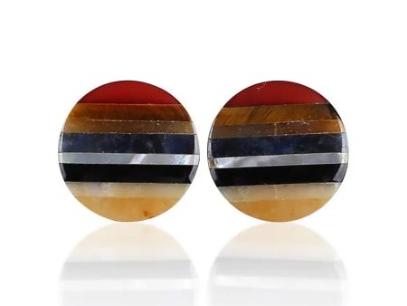 Natural Colorful Gemstones Intarsia Round Cabochon Pair (Can be drilled), Handmade Gemstone Cufflinks, Unique Pair, 17x3mm, 3g For Cheap