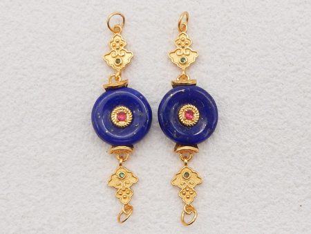 BITEFU 1Pair Silver Gold Plated Natural High Quality Lapis Lazuli Auspicious Clouds Flat Round Gemstone Earring beads 3.6g Online Sale