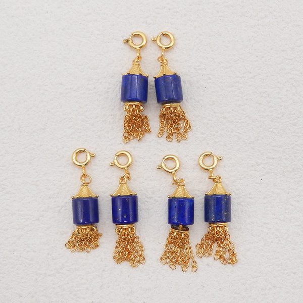 BITEFU 1 Pair Silver Gold Plated Natural High Quality Lapis Lazuli Cylindrical Tassel Gemstone Earring Beads 3g Fashion