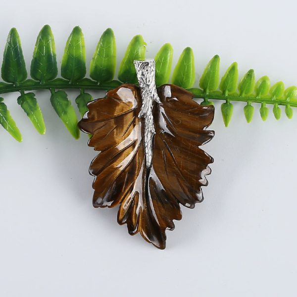 New Natural Tiger-Eye Handcarved Leaf Pendant,925 Sterling Silver Pinch Bail,52x37x7mm,11g Supply