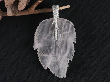 New Natural Rose Quartz Handcarved Leaf Pendant,925 Sterling Silver Pinch Bail,60x35x7mm,11.2g Fashion