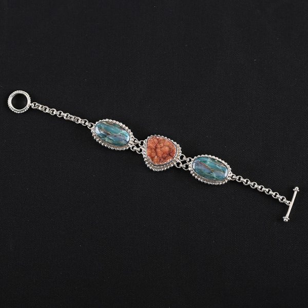 925 Sterling Silver Inlaid Charm Bracelet, Cluster Quartz,Blue Opal Bead For Pendant,Handmade Jewelry For Women20cm,28×19×9mm,24×25×9mm,40.7g Online Sale