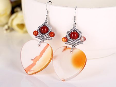 Heart Shape Red Agate Stone Earrings Knit Dangle Earrings, 27x27x3mm, 8.9g For Cheap