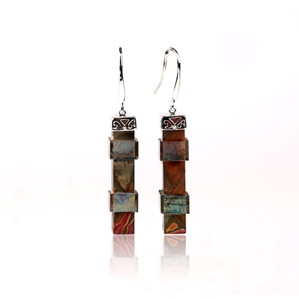 Red Creek Jasper And Labradorite intarsia 925 Sterling Silver Handmade Earring Bead 33x8mm 9.8g on Sale