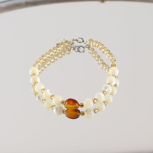 1 Strand Natural 4mm Yellow Quartz And 6mm Shell  Beads Bracelet,17-19cm,4×3mm,6mm,9×6mm,5.8g Fashion