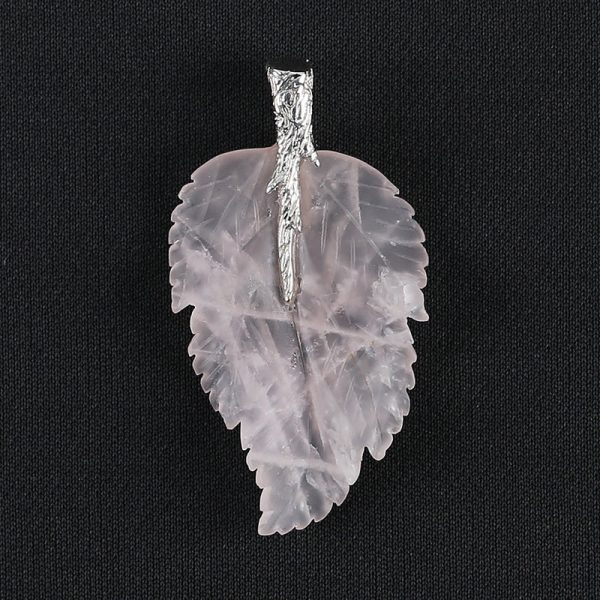 New Natural Rose Quartz Handcarved Leaf Pendant,925 Sterling Silver Pinch Bail,59x32x7mm,11.2g Online Sale