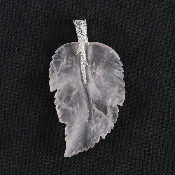 New Natural Rose Quartz Handcarved Leaf Pendant,925 Sterling Silver Pinch Bail,60x33x7mm,13g Fashion