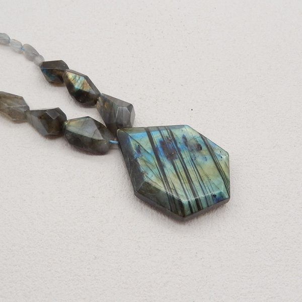 Natural Labradorite Faceted Pendant Gemstone Necklaces, Labradorite Gemstone Necklaces,50x36x10mm,6x5x4mm,20 Inch,58g For Discount