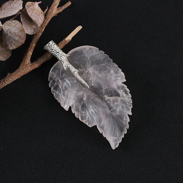 New Natural Rose Quartz Handcarved Leaf Pendant,925 Sterling Silver Pinch Bail,60x33x7mm,13g Fashion