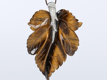 New Natural Tiger-Eye Handcarved Leaf Pendant,925 Sterling Silver Pinch Bail,59x39x7mm,20.7g Fashion