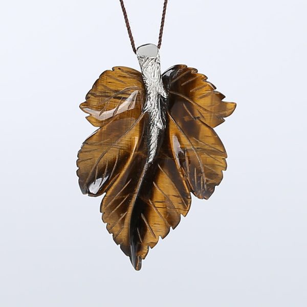 New Natural Tiger-Eye Handcarved Leaf Pendant,925 Sterling Silver Pinch Bail,59x39x7mm,20.7g Fashion