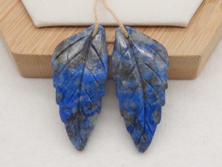 New! Carved Natural Stone Lapis Lazuli Leaf Earring Beads, Drilled Cabochons, Popular Earring Pair, 37x17x5mm, 11.3g For Cheap