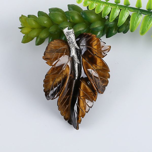 New Natural Tiger-Eye Handcarved Leaf Pendant,925 Sterling Silver Pinch Bail,59x39x7mm,20.7g Fashion