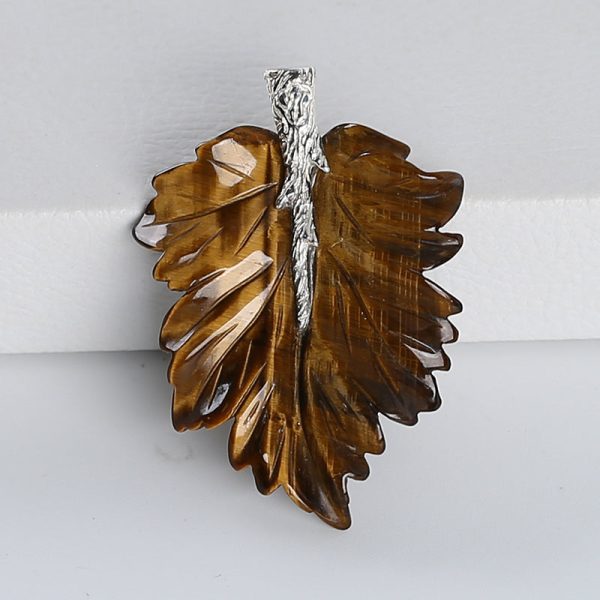 New Natural Tiger-Eye Handcarved Leaf Pendant,925 Sterling Silver Pinch Bail,52x37x7mm,11g Supply