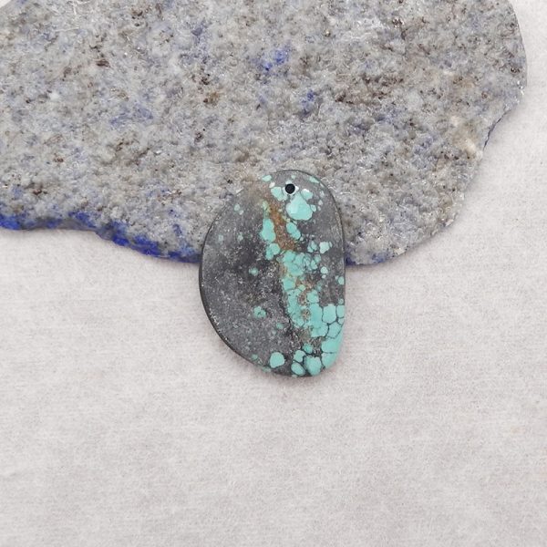 1PC Natural Beautitul Turquoise And Obsidian Intarsia Gemstone Pendant Bead, Gemstone For Jewelry DIY Making, Drilled Flatback Cabochon, 29×21×4mm, 4g Cheap