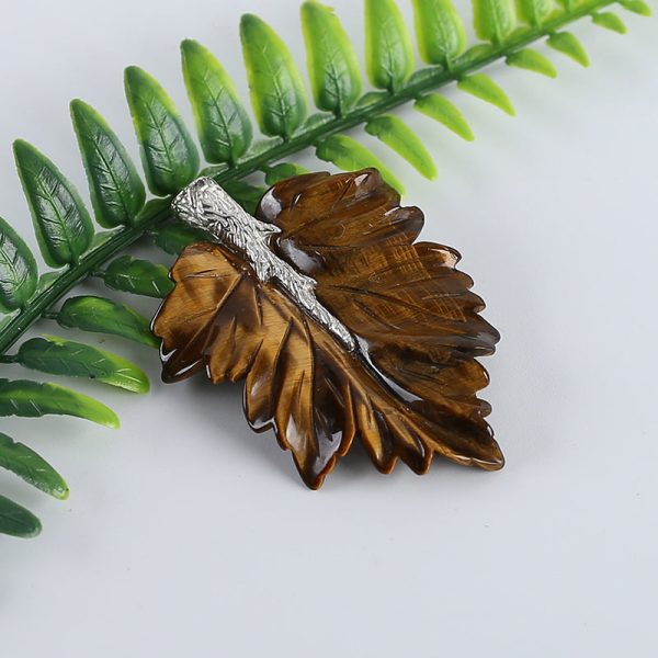 New Natural Tiger-Eye Handcarved Leaf Pendant,925 Sterling Silver Pinch Bail,52x37x7mm,11g Supply