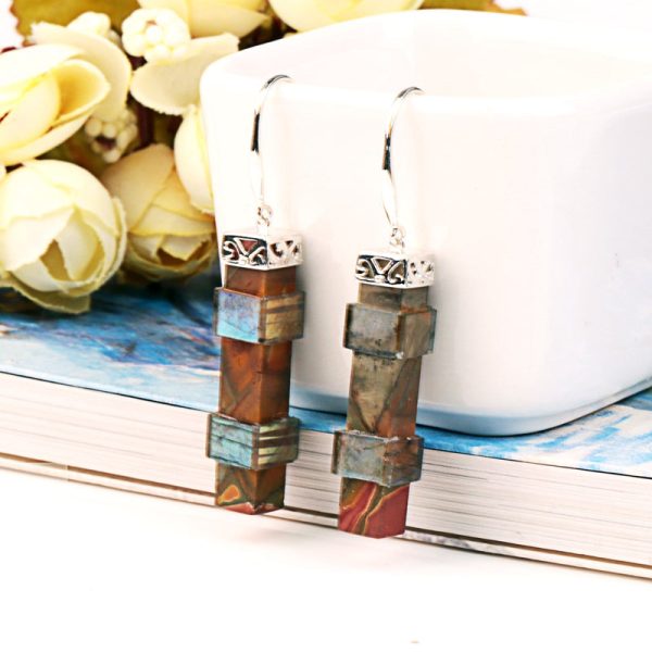 Red Creek Jasper And Labradorite intarsia 925 Sterling Silver Handmade Earring Bead 33x8mm 9.8g on Sale