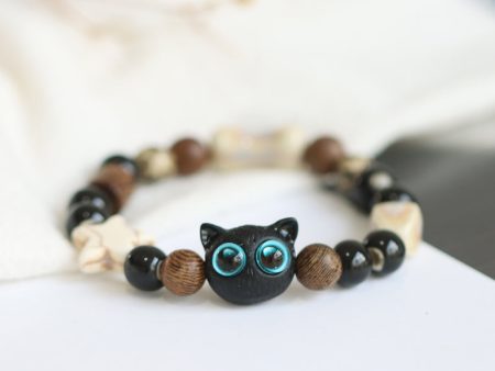 BITEFU  Cute Owl Bracelet with Little Black Cat Tire and Ceramic Beads Sale