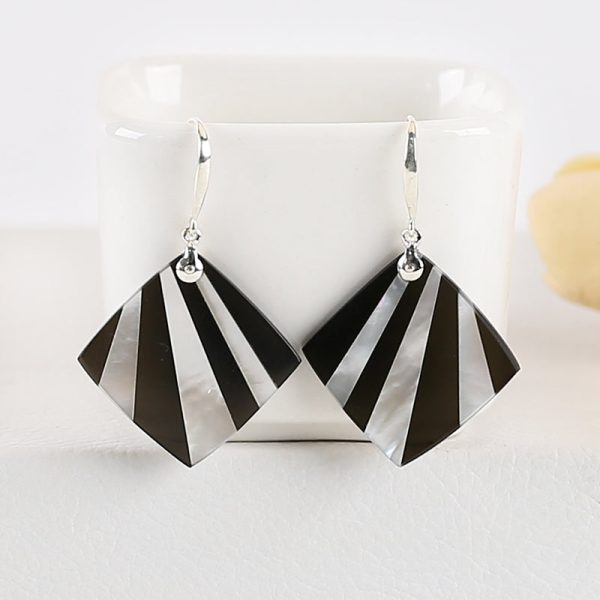 Best Gemstone Jewelry Gift! 925 Sterling Silver Natural Obsidian And MOP Intarsia Gemstone Earrings, Unique Earrings, 43x27x2mm, 5.3g For Discount