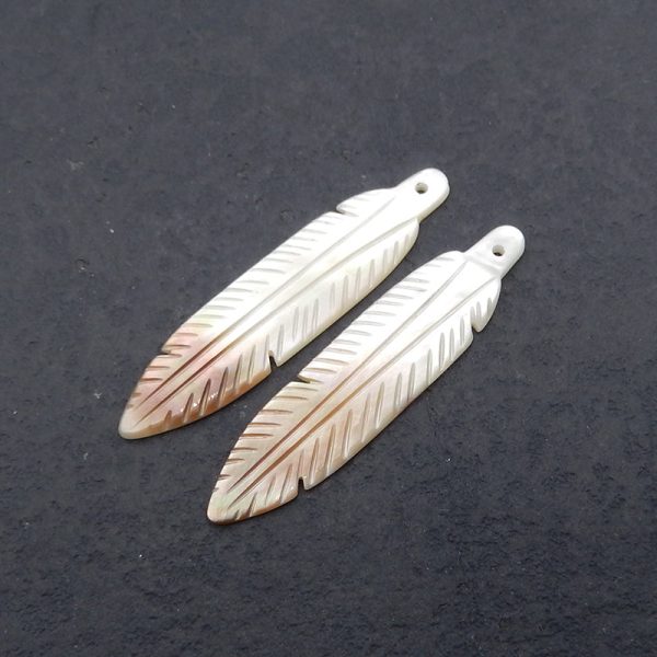 New! Carved Natural Stone Shell Leaf Shape Gemstone Earring Beads, Drilled Cabochons, Popular Earring Pair, 40x9x1mm, 1.8g For Cheap