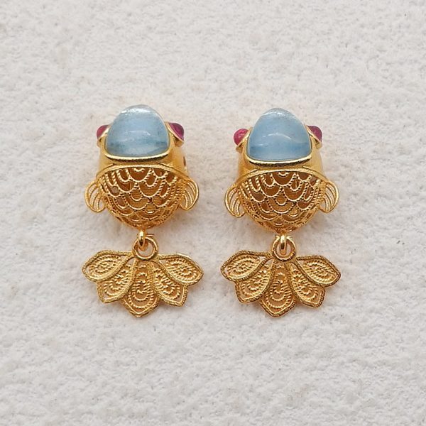 1 Pair Silver Gold Plated Natural Blue Aquamarine Koi Gemstone Earring Beads,Lovely Earring Pair for Design,18x9x7mm,2g Supply