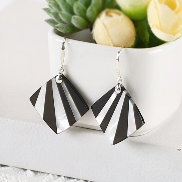 Best Gemstone Jewelry Gift! 925 Sterling Silver Natural Obsidian And MOP Intarsia Gemstone Earrings, Unique Earrings, 43x27x2mm, 5.3g For Discount