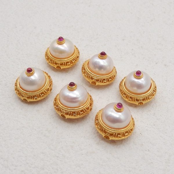 1 Pair Silver Gold Plated Natural Ruby and MOP Round Gemstone Earring Beads,Lovely Earring Pair for Design,11x10mm,2.6g on Sale