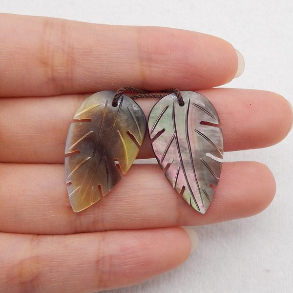 New! Carved Natural Stone Grey Shell Leaf Shape Gemstone Earring Beads, Handmade Jewelry, Popular Earring Pair, 26x14x2mm, 2.7g Sale