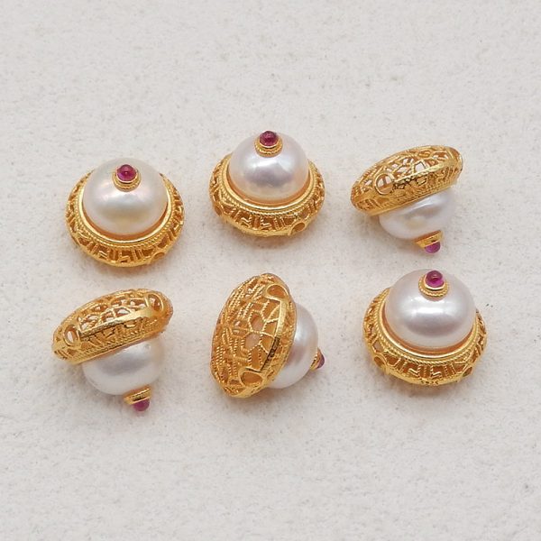 1 Pair Silver Gold Plated Natural Ruby and MOP Round Gemstone Earring Beads,Lovely Earring Pair for Design,11x10mm,2.6g on Sale