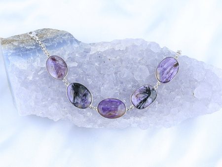 Natural Charoite Gemstone Bracelet with Adjustable 925 Sterling Silver Accessory 7 Inches, 18x13x3mm, 16x12x3mm, 10g Supply