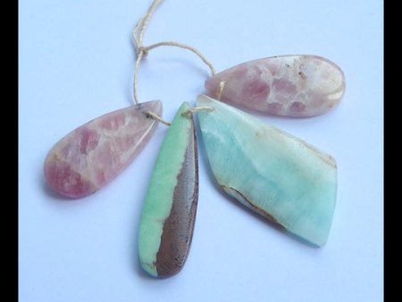 4 PCS Natural Pink Tourmaline, Chrysoprase, Hemimorphite Pendant Beads 40x19x4mm, 30x15x5mm, 14.5g For Discount