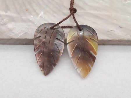 New! Carved Natural Stone Grey Shell Leaf Shape Gemstone Earring Beads, Handmade Jewelry, Popular Earring Pair, 26x14x2mm, 2.7g Sale