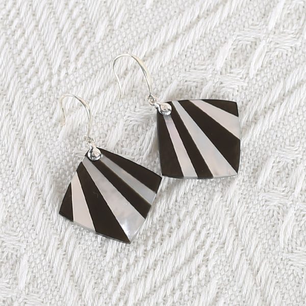 Best Gemstone Jewelry Gift! 925 Sterling Silver Natural Obsidian And MOP Intarsia Gemstone Earrings, Unique Earrings, 43x27x2mm, 5.3g For Discount